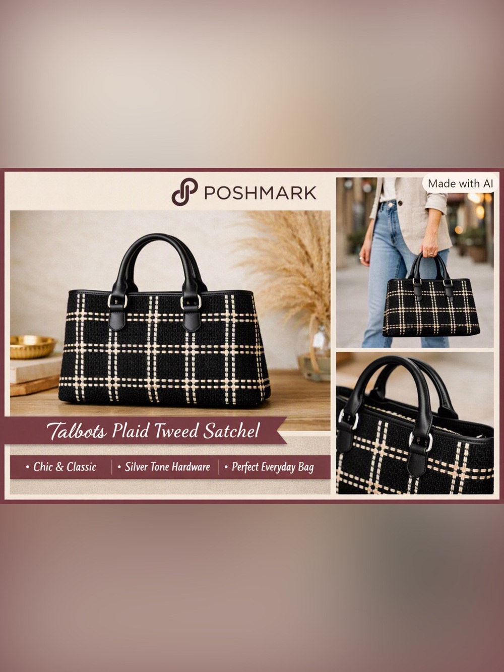 Talbots Black and Cream Plaid Tweed Satchel